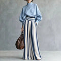 Stand Collar Top & Flare Pants Suits Women Lantern Sleeve Pocket Contrast Two Piece Set High Waist Resort Casual Matching Outfit