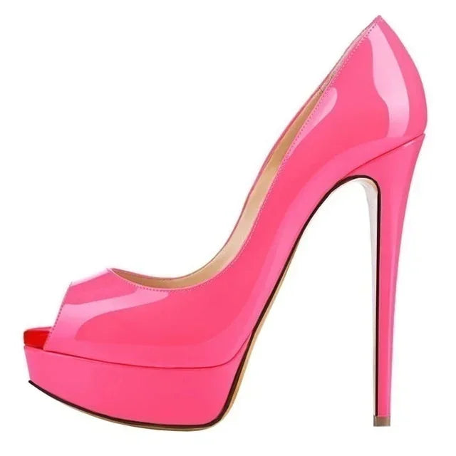 Women Stilettos Sexy Pumps 14cm Extremely Platform Peep Toe High Heels Patent Leather Party Nighclub Dress Red Wedding Shoes