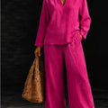 Women 2‑Piece Matching Outfit Long Sleeve Button Shirt High Waist Wide Leg Pant Loose Vacation Street Daily Wear Suit For Ladies