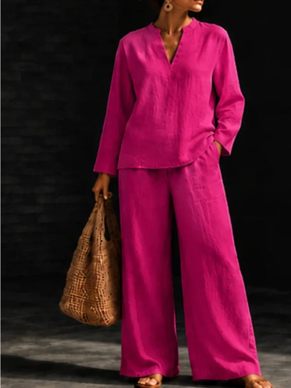 Women 2‑Piece Matching Outfit Long Sleeve Button Shirt High Waist Wide Leg Pant Loose Vacation Street Daily Wear Suit For Ladies