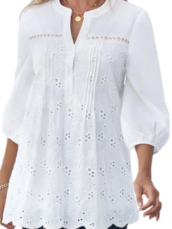 Women's Fashion Shirt Top White Lace Hollow Out V - Neck - View 3 | SAMAG