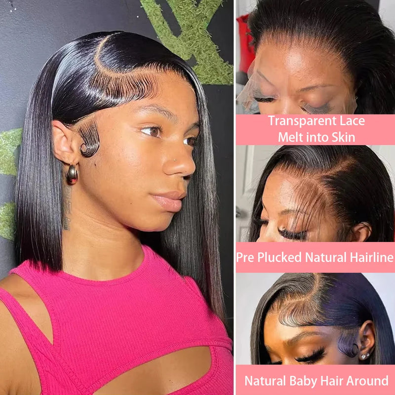 220% Bone Short Bob Straight 13x4 Lace Front Wigs Brazilian 100% Human Hair Preplucked 4x4 Transparent Lace Closure Wig 14 Inch