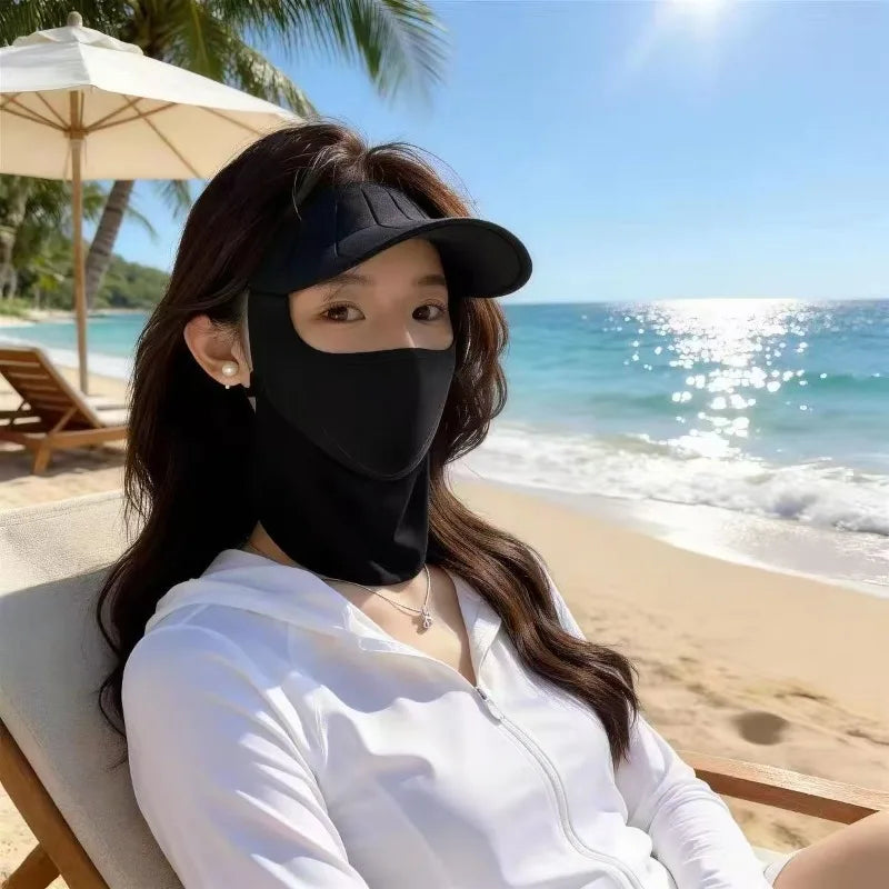 Sun Protection Integrated Face Mask Hat Ice Silk Breathable Full Face Cover UV Resistant Summer Outdoor Women Lightweight Daily