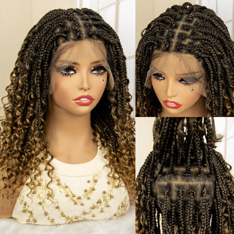 14 Inches Short Burgundy Box Braided Wigs Full Lace Synthetic Boho Braids Wig for Women Ombre Color Braided Wigs