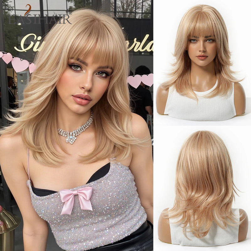 EASIHAIR Medium Length Wavy Blonde Synthetic Wig With Bangs For Women Natural Wigs Hair Heat Resistant Daily Party Cosplay Use