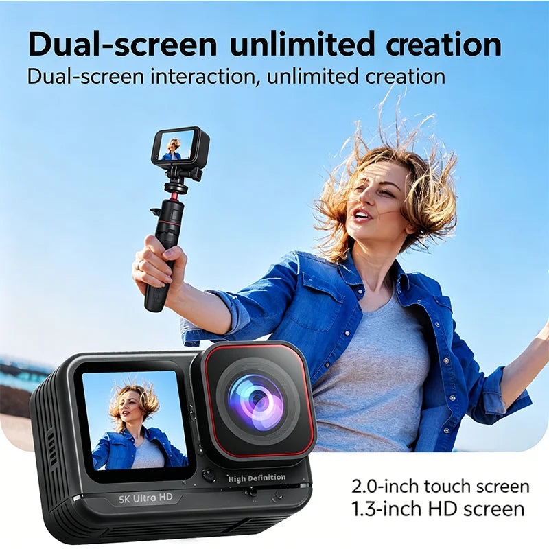 5K Action Camera 4K60fps 2.0'' Touchscreen Recording Cam Body Waterproof 6 Axis EIS Sport Camera Motorcycle Bicycle Helmet