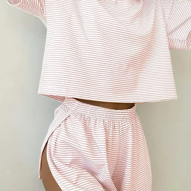 Women's Striped Pajama Set Summer Short-Sleeved T-Shirt | SAMAG