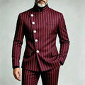 Men's Pinstripe Business Suits Single Breasted Stand Collar Slim Fit Suit Jacket Pants 2 Pieces Formal Tuxedo for Wedding Party