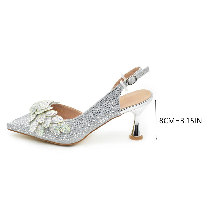 New Arrival Shoes for Women High Heel Rhinestone Paired with Handmade Petal Pointed-Toe Italian Shoes and Bags Matching Set