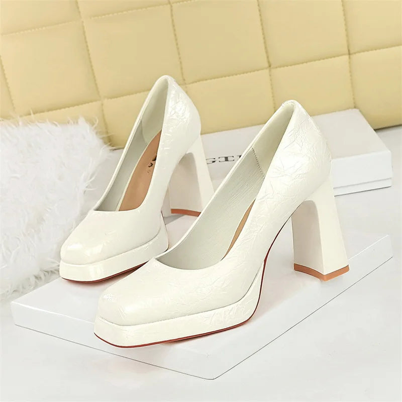 New Waterproof Table Square Toe Super High Heels Women Shallow Mouth Thick Heels Single Shoes Versatile Temperament High Heels