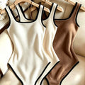 3pcs Women's Ribbed Bodysuit Set Fashionable Black Piped Square Neck Waist-Cinching Style Summer Nightlife Wear Elegant Beach Ou