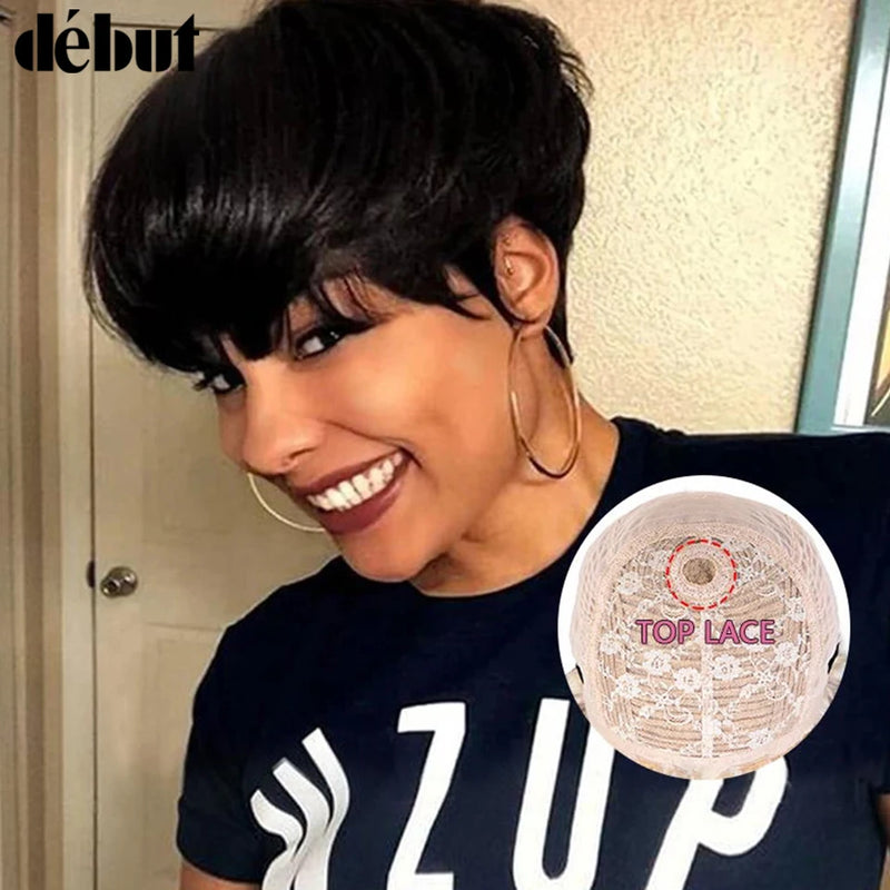 613 Honey Blonde Color Wig Short Bob Pixie Cut Top Lace Transparent Brazilian Human Hair Wig With Bangs For Black Women