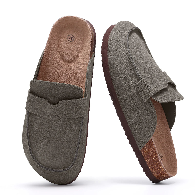 Litfun Women's Cow Suede Clogs Mens Genuine Mules Comfortable Cork Footbed Clogs Slippers Fashion Potato Shoes with Arch Support
