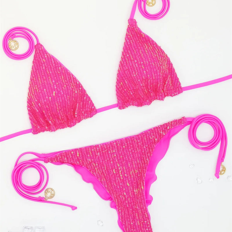 Sexy glitter sequine plain bikinis sets two pieces thong | SAMAG