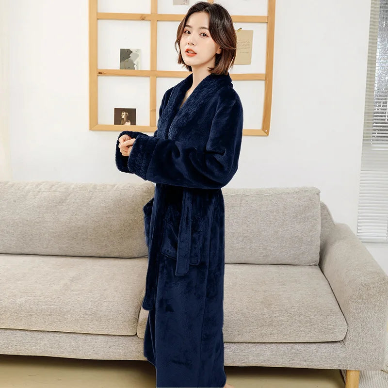 Couple Flannel Robe Winter Thick Warm Bathrobe Long Fleece Sleepwear Loungewear for Men and Women