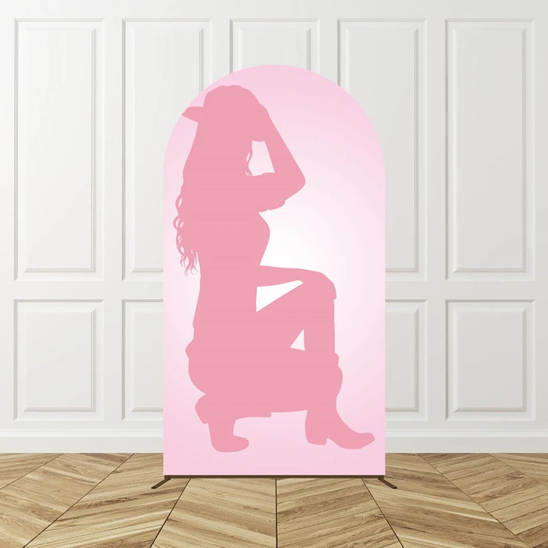 Cowgirl Pink Arch Backdrop Birthday Party Photo Background Kids Western Theme Decor Horse Shoe Boots Hat Pattern Celebration Bac