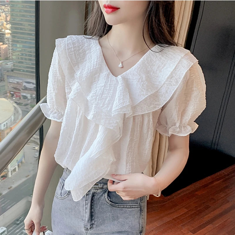 Vintage Summer Chiffon Blouses Women Elegant Korean - View 8 | SAMAG