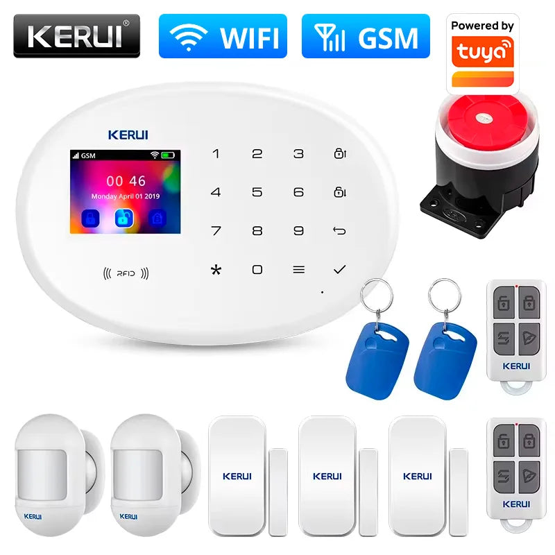 KERUI Home Security Protection WIFI GSM Alarm System Kit Works with Tuya Support Alexa with Door Opening Sensor Motion Detector