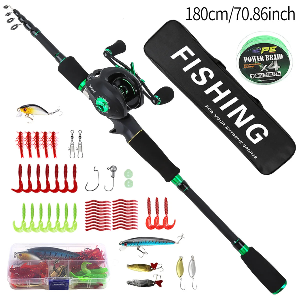 1.8M Telescopic Carbon Fishing Rod Baitcasting Reel Combo  Kit with Lures Accessories Carry Bag Professional Lure Fishing Tackle