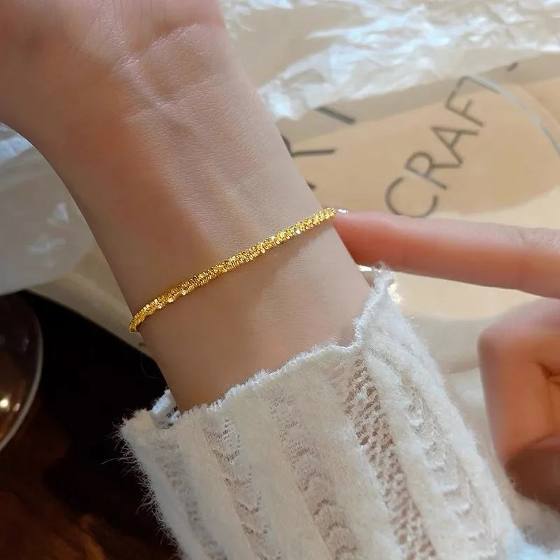 14 K Pure Gold Color Shiny Bracelet Chain for Women Bride Wedding Bracelet Bangle Fine Jewelry Gifts Not Fade