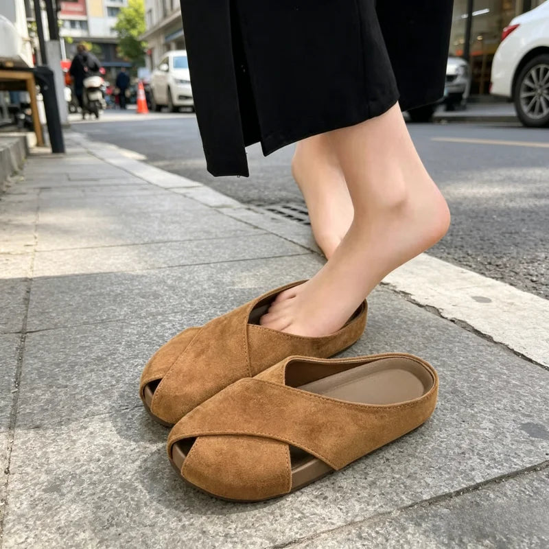 New Arrival Cross Design Closed Toe Mules, Soft Sole Suede Slides, Versatile Commute Daily Wear Women Backless Half Sandals