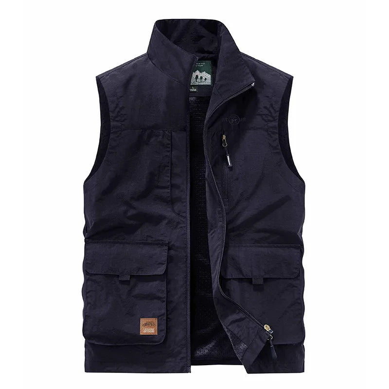 FGKKS Men's Leisure Vest Solid Color Tooling Style Waistcoat Thin Fishing Hiking Multi-Pocket Casual Loose Vest for Men