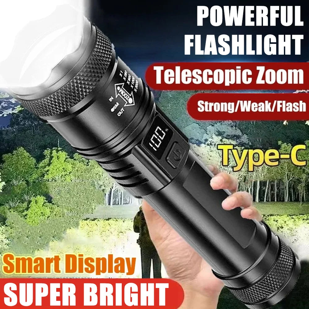 Rechargeable LED Flashlight Zoomable Torch with LCD Display 3 Modes Waterproof High Power Hand Light Outdoor Wilderness Camping