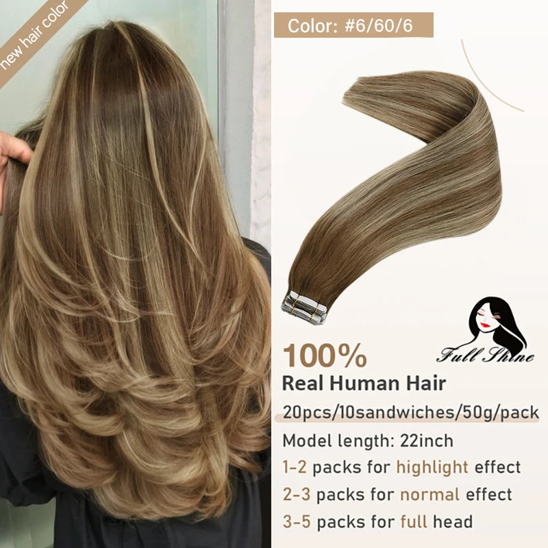 Full Shine Tape In Hair Extensions Human Hair 100% Remy Natural Human Hair Seamless Skin Weft Seamless Color Glue For Women