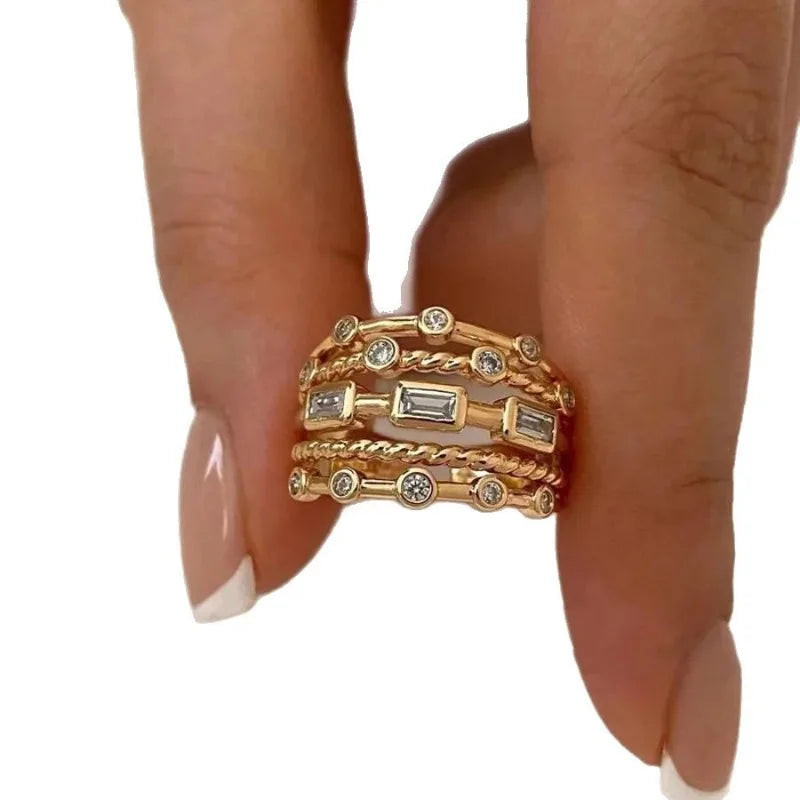 2025 New Stainless Steel 18 K Gold Plated Sun Rings for Women Natural Stone Inlaid in Hollow Metal Texture Ring Trendy Jewelry