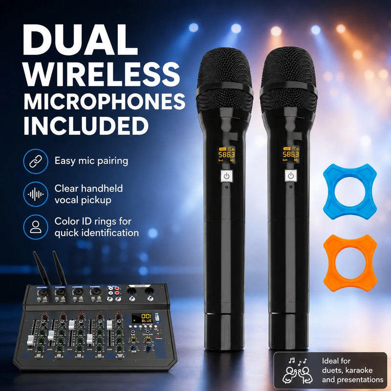 6 Channel Audio Mixer with 2 Wireless Microphones Bluetooth USB DJ Console Sound Mixer for Podcast Live Streaming Karaoke Studio