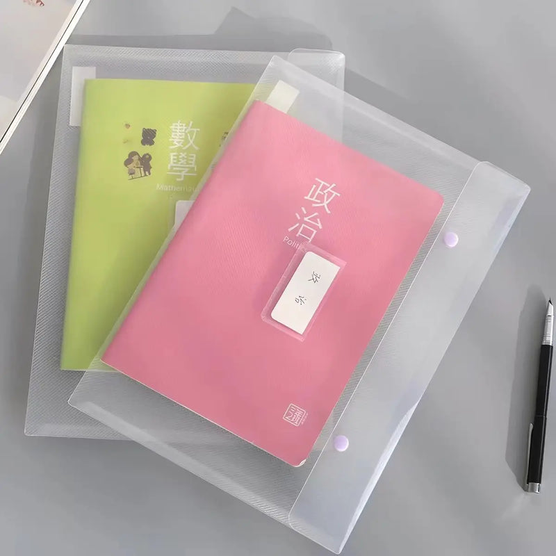 A4 minimalist transparent file folder, snap fastening large-capacity waterproof storage bag for school and office supplies