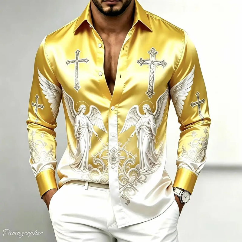 Men's Retro Baroque Printed Satin Silk Shirt Long Sleeved | SAMAG