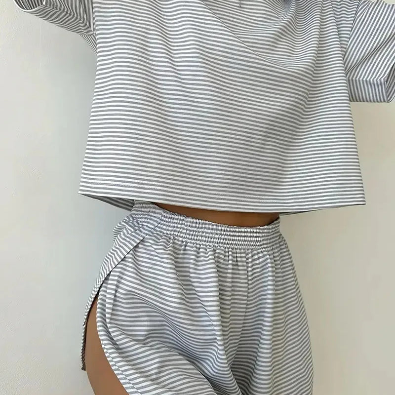 Women's Striped Pajama Set Summer Short-Sleeved T-Shirt | SAMAG