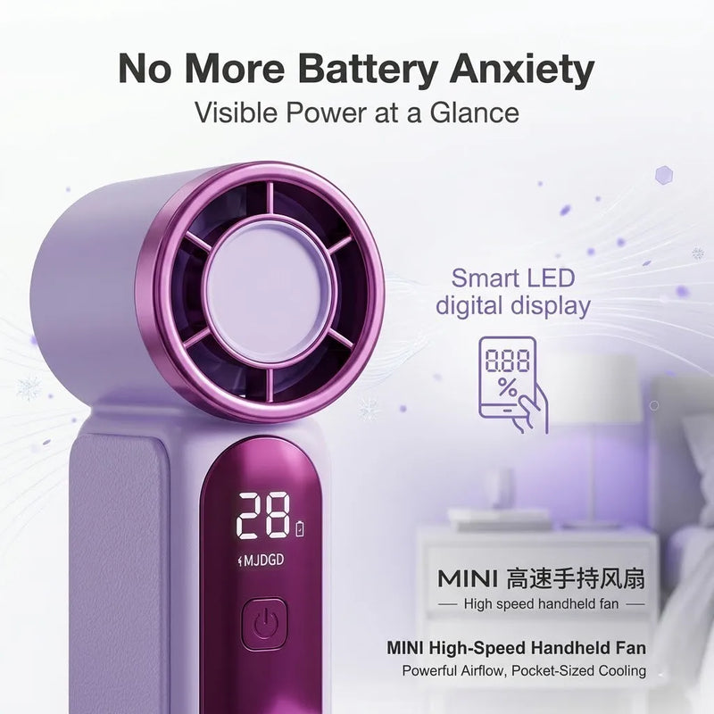 Portable Handheld Mini Fan, 6 Speeds 16900 RPM High Velocity Personal Fan with LED Display, USB Rechargeable, Mini Fan with Lanyard for Makeup, Travel, Outdoor for Women Girl Gift,Purple