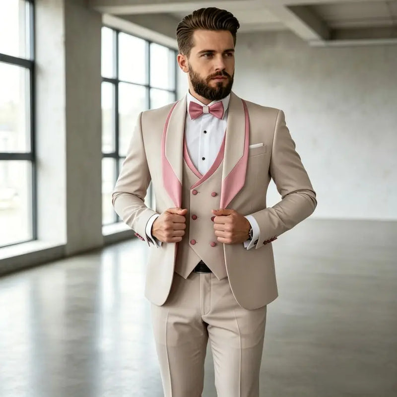 3 Pieces Men's Slim Fit Wedding Tuxedo Beige Groom Prom Dinner Blazer Vest Pants Set Classic Business Formal Suit for Men