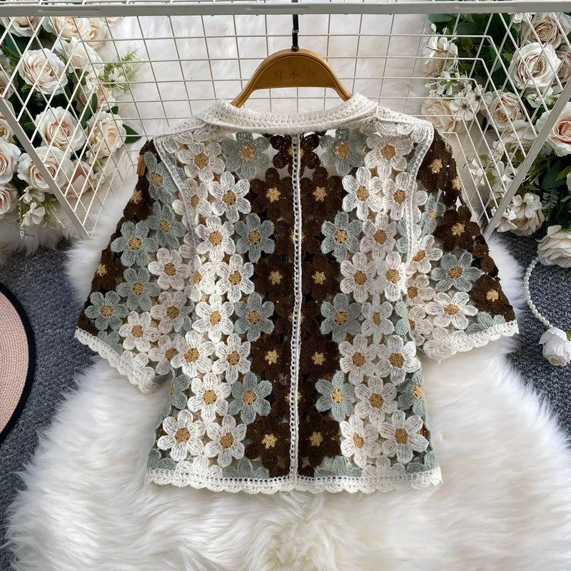 Crochet Knit Shirt Short Sleeve Floral Granny Square - View 3 | SAMAG