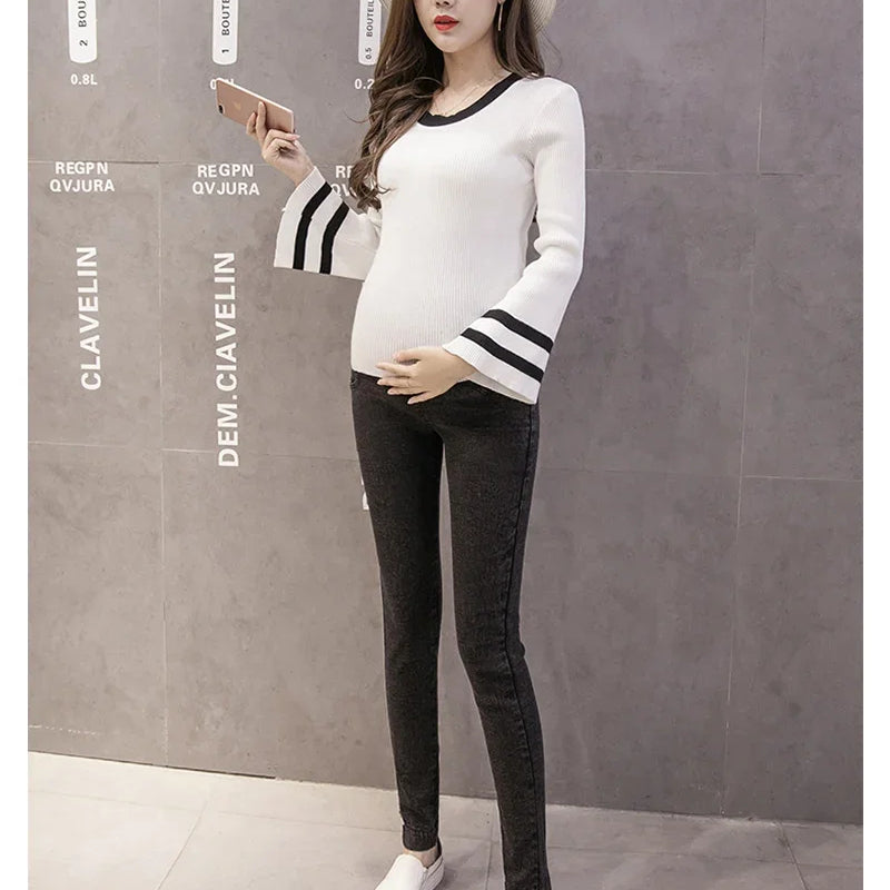 Maternity Pregnancy Skinny Trousers Jeans Pants Elastic Pregnant Women's Feet Stomach Lift  Stretch Denim
