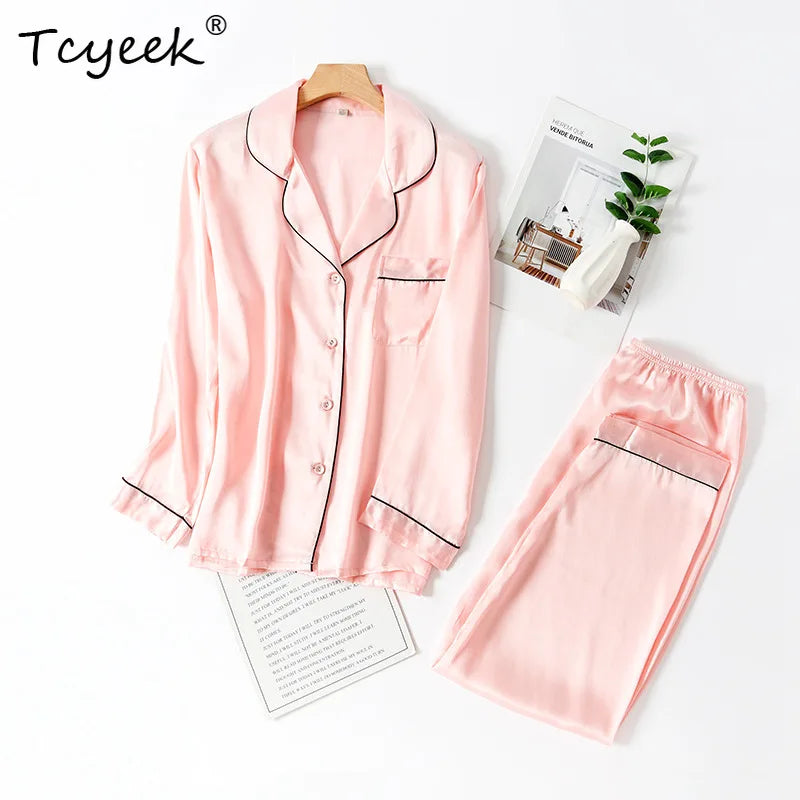 Tcyeek, 100%Real Silk Casual Pajamas Set, Women Long Sleeve Top Pants, Solid Home Clothing Set, 2024 Summer Autumn S48024QC