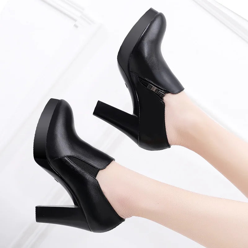 high quality leather shoe for women 8cm 11cm high heel platform point toe 32 33 34 elegant office autumn winter shoe black