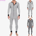 Men Skinny Striped Jumpsuit 2021 Long Sleeve O Neck Buttons Romper Sleepwear Overall Homewear Pajamas Sets Underwear