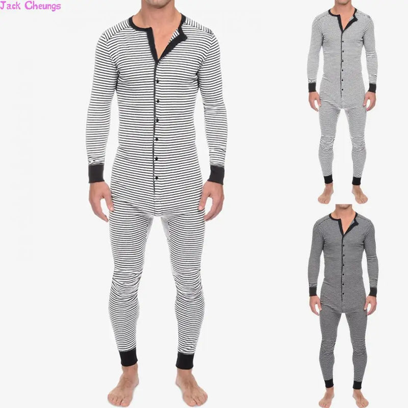 Men Skinny Striped Jumpsuit 2021 Long Sleeve O Neck Buttons Romper Sleepwear Overall Homewear Pajamas Sets Underwear