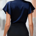 Women's Short Sleeve Satin Blouse Stand Collar Ruffle - View 2 | SAMAG
