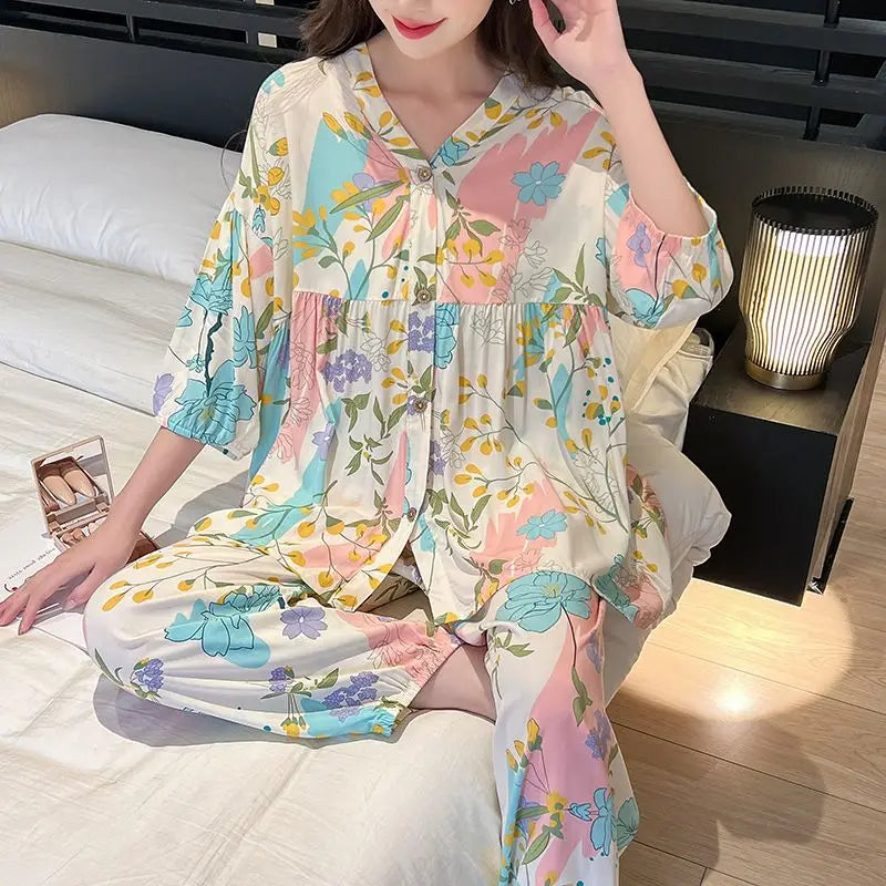 Cotton Sleepwear Big Size Cardigan Seven-minute Pants Two-piece Print Loungewear Pajama Sets Summer Nightwear Korean Fashion