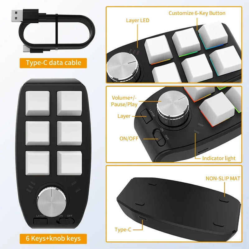 6 Key 1 Knob Bluetooth Keyboard USB Macro Custom Mini Keypad Copy Paste DIY Mechanical Keyboard Gaming Drawing Portable Hot-swap