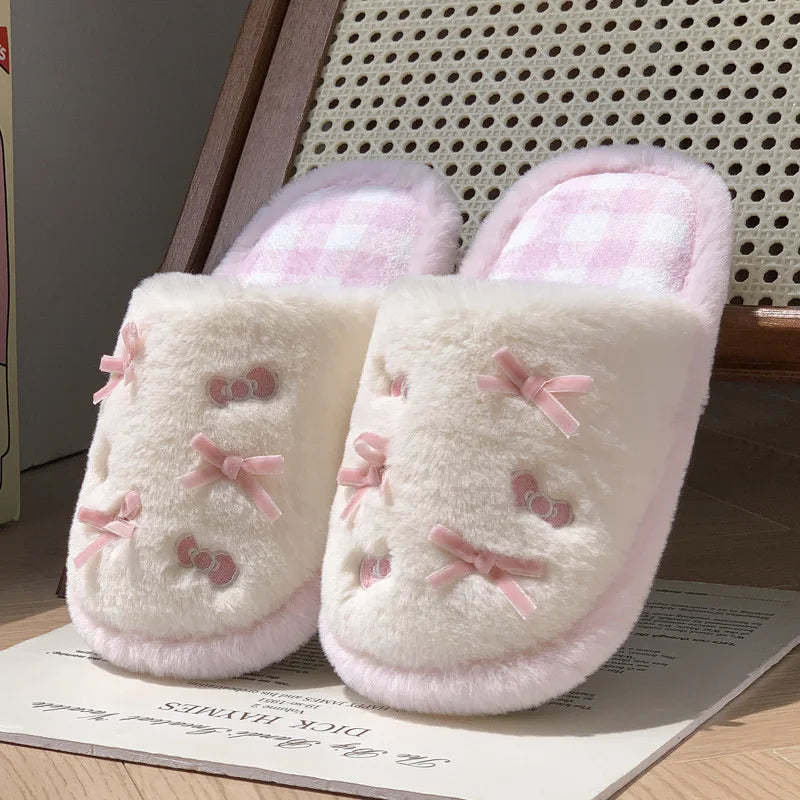 Bow Fluffy Women's Home Slippers Winter Luxury Designer Woman Shoes Fashion Plush Indoor Flats Cartoon Casual Fuzzy Fur Slides