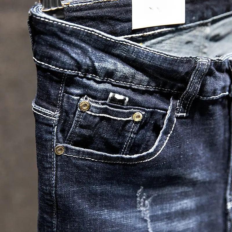American Elastic Straight Jeans Men Ripped Worn-out | SAMAG