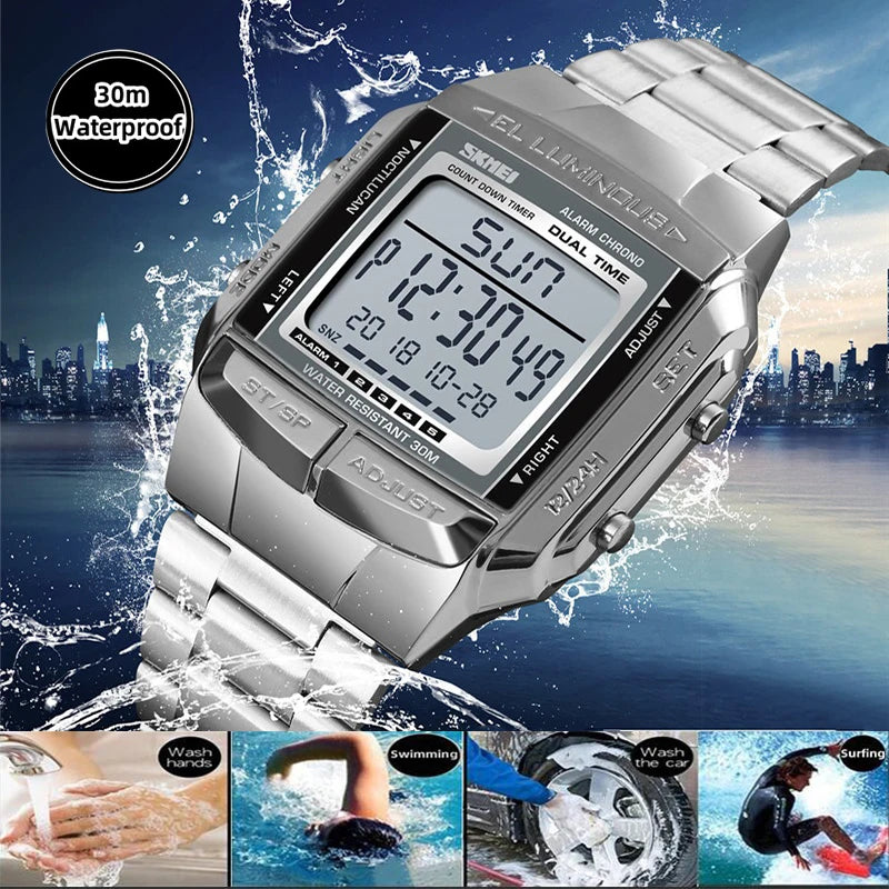 Skmei Men's Digital Sport's Watches Stainless Steel Strap 5 Alarm Clock Waterproof Led Chronograph Fashion Male Dual Time