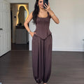 Laru Women Satin 2 Piece Outfit U Neck Corset Tank Top High Waist Harem Baggy Pants Elegant Party Daily Matching Suit