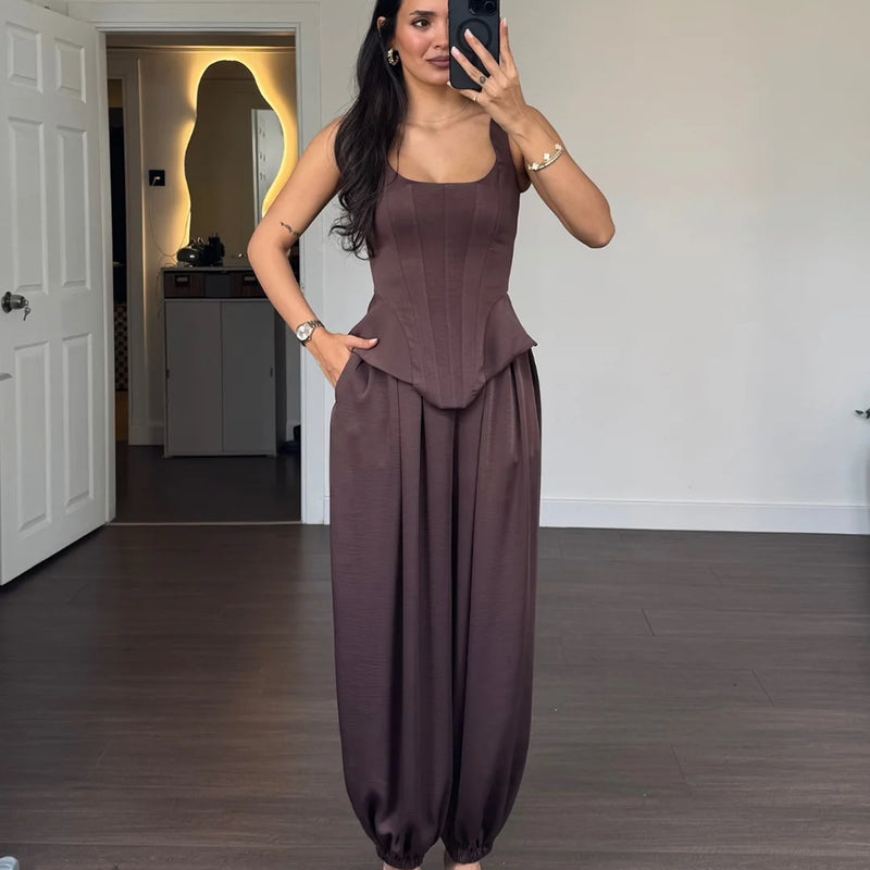 Laru Women Satin 2 Piece Outfit U Neck Corset Tank Top High Waist Harem Baggy Pants Elegant Party Daily Matching Suit