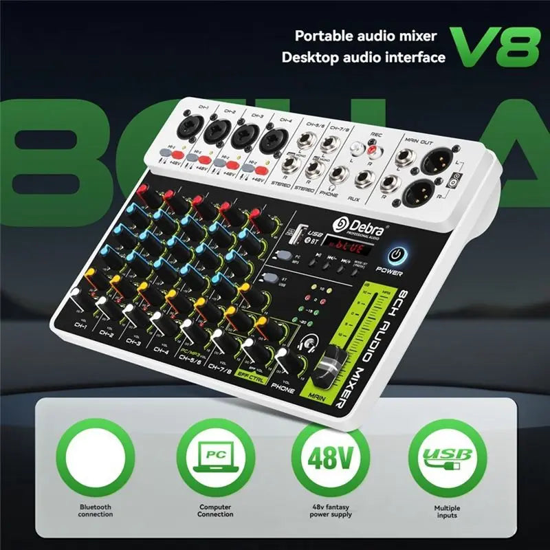 DEBRA PROFESSIONAL AUDIO V8 Audio Mixer Small Mixing Console With Bluetooth USB 48V Phantom Power Delay Repaeat For DJ